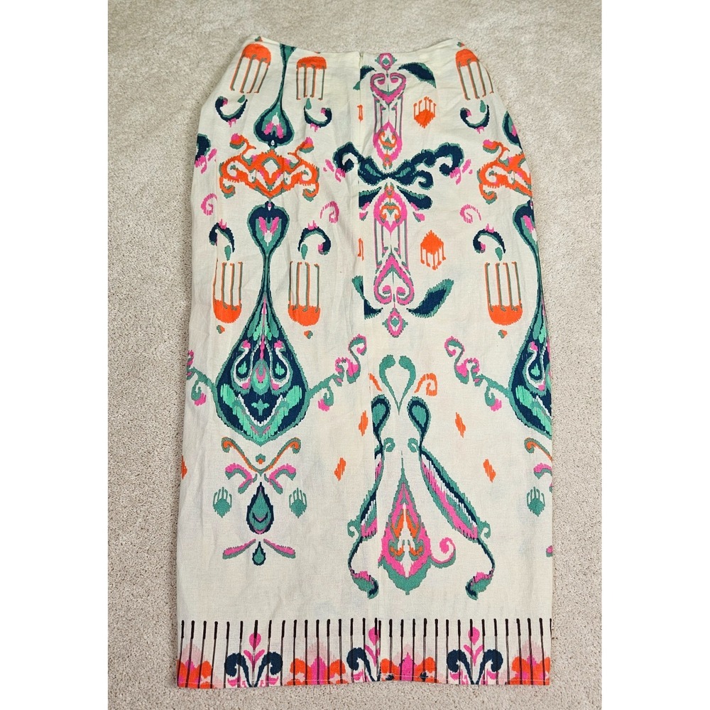 Zara Midi Skirt Womens S Ivory Linen Blend Knotted Pareo Boho Ikat High-Waisted - Picture 4 of 14